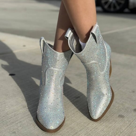 New Silver Rhinestone Embellished Cowgirl Western Ankle Boots Booties Block Heel - Picture 2 of 7